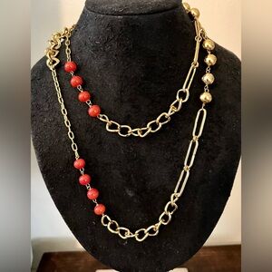 Vintage Asymmetrical Paperclip Curb Chain Necklace Red Coral Color 20”